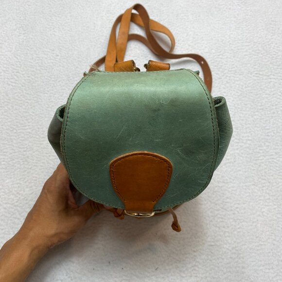 VINTAGE Burrow Leather Portland Oregon Mini Backpack Green Tan Barrel - Picture 10 of 12
